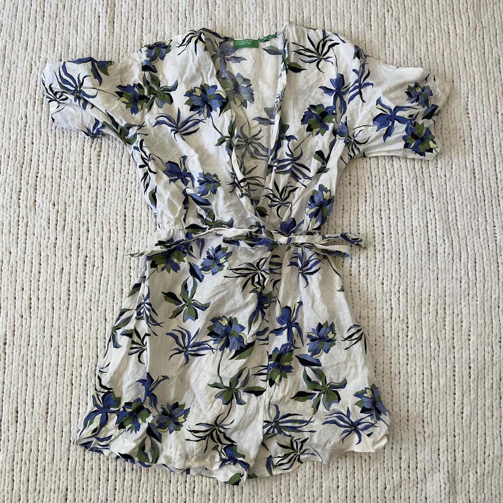 United Colours of Benetton Women's Blue Floral Linen Romper - Size Small